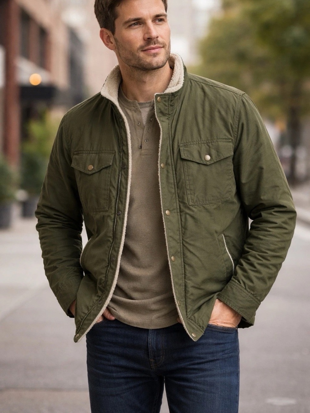 Marine Layer James Waxed Green Canvas Waxed Trucker Utility Sherpa Jacket Size S